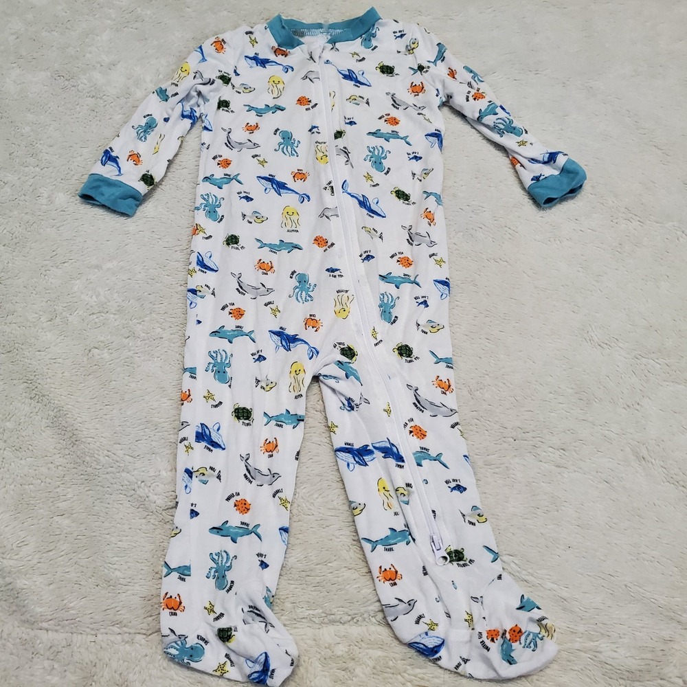 Milkberry White Blue Ocean Bamboo One Piece Pajama Baby Boy 6-9‎ Months Cozy